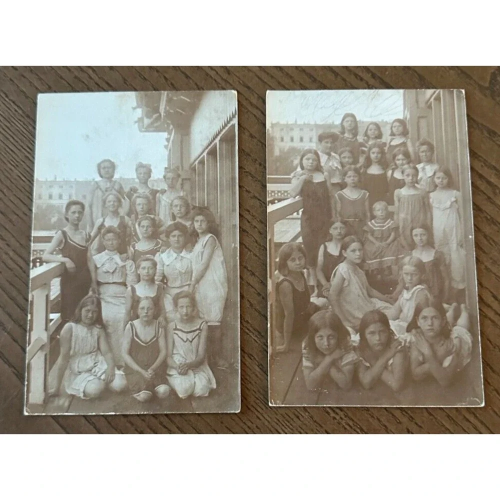 2 Antique RPPC Portrait Girl Group Swimsuits BATHING SUITS Mother Daughters OOAK